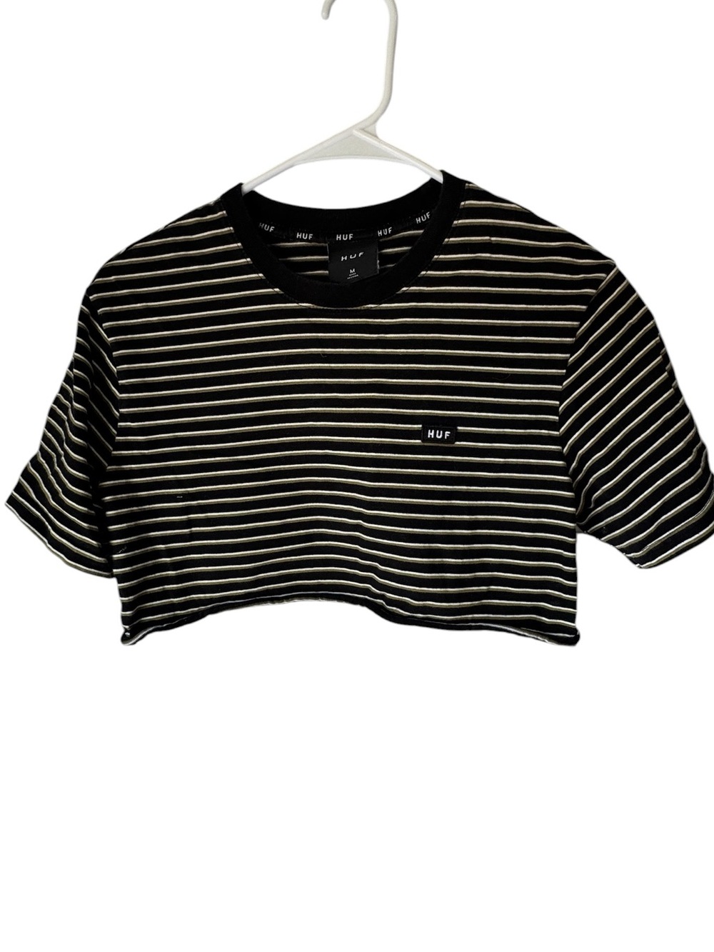HUF High End Surf Retro Black & Cream Striped Cropped Tee Women’s M MINTY
